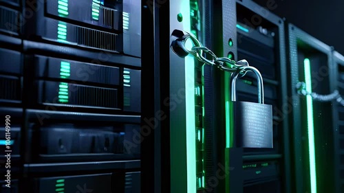 A server rack is secured with a padlock and chain, highlighting the importance of data security.