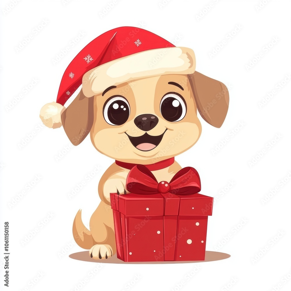 Cute dog wearing Christmas cap holding a gift box isolated over white background. Cute dog wearing Christmas cap holding a gift box isolated over white background.