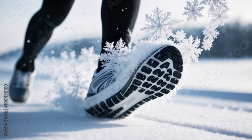 Athlete running on snow-covered terrain, kicking up snowflakes with each step