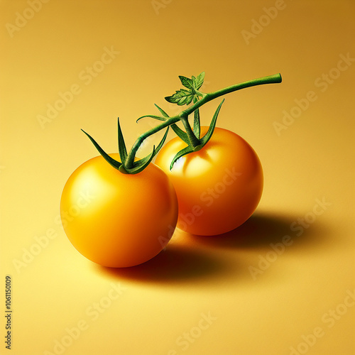 Two vibrant yellow tomatoes with green stems on a warm golden background, perfect for food-related designs and advertising