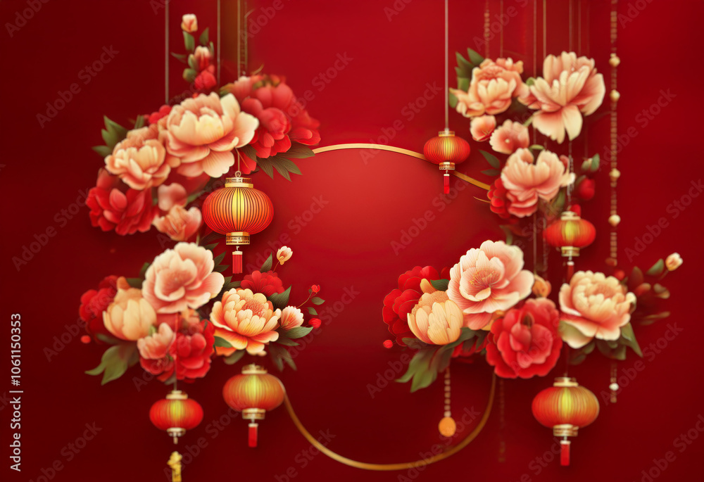 Red and gold Chinese lanterns and delicate flowers hang from strings against a vibrant red background with a gold circle in the center. Red and gold Chinese lanterns and delicate flowers hang from strings against a vibrant red background with a gold circle in the center.