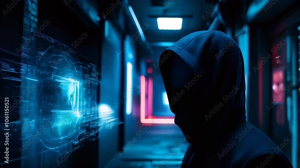 Mysterious figure in a dark hoodie stands in a neon-lit alley, face obscured by a digital mask that blends with code projections around Mysterious figure in a dark hoodie stands in a neon-lit alley, face obscured by a digital mask that blends with code projections around