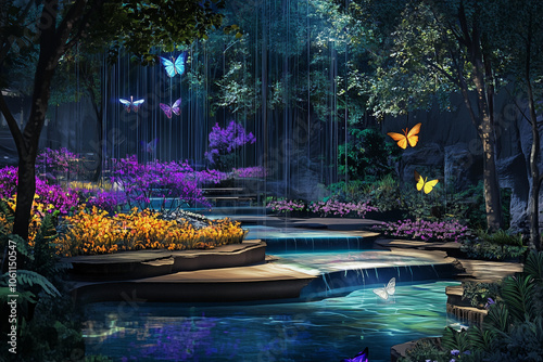 A tranquil waterfall flows through a magical forest at night, with colorful butterflies flitting about photo