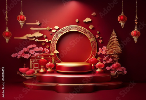 A red and gold Chinese New Year themed product display with a circular platform and traditional decorations.