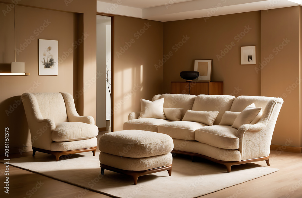 Minimalist japandi style interior design of modern living room, lounge chairs and sofa in classic room. Minimalist japandi style interior design of modern living room, lounge chairs and sofa in classic room.