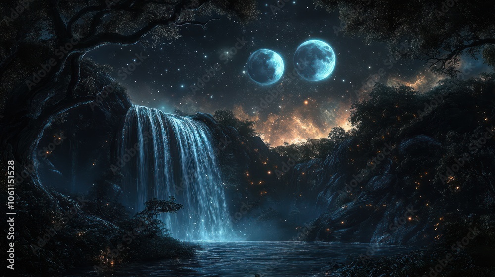 Fototapeta premium Magical Waterfall Under a Starry Sky