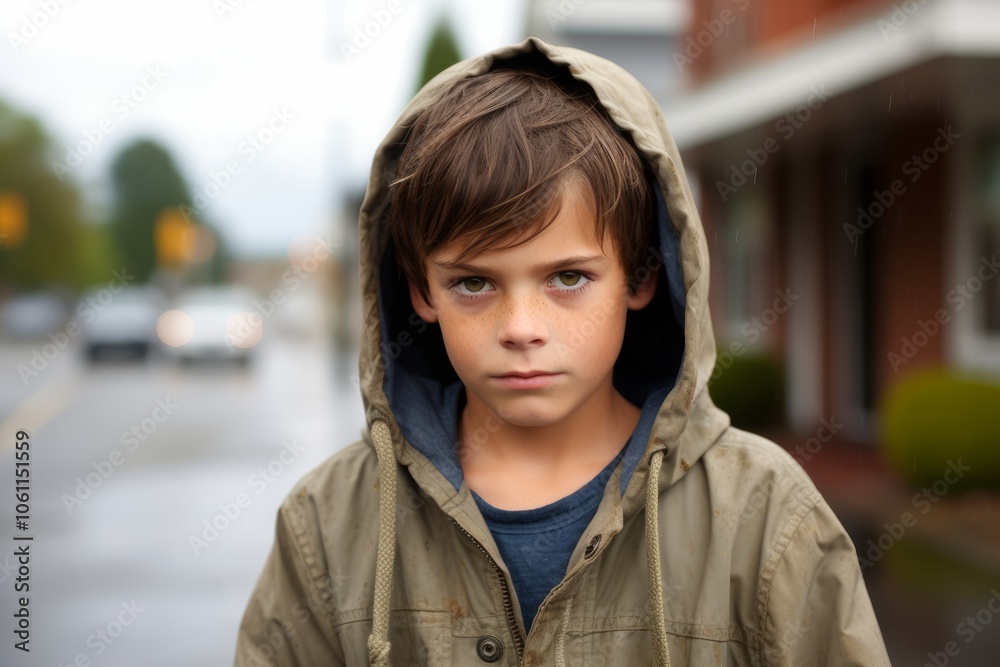Close-up portrait of a boy in a raincoat on the street Close-up portrait of a boy in a raincoat on the street