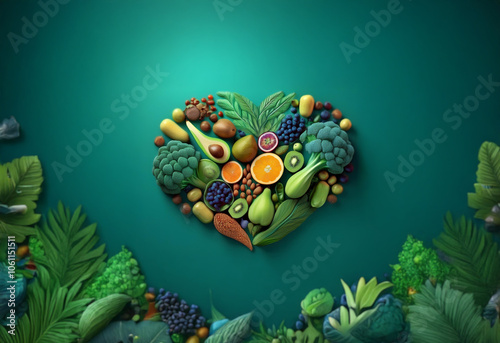 A vibrant heart shape is formed by a variety of fruits and vegetables against a teal background.