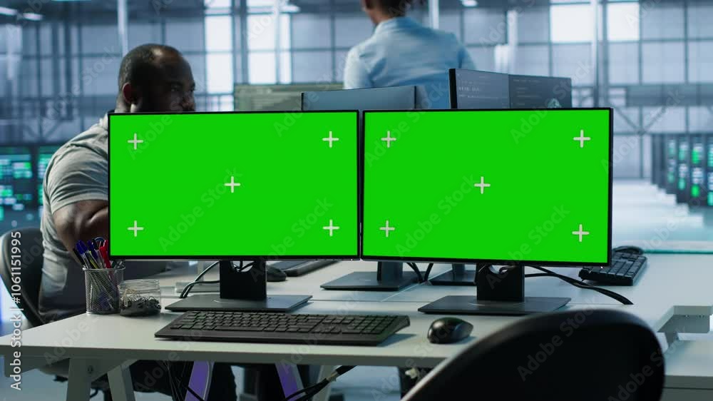 Green screen PC multi monitor setup in server hub workspace used to repair devices storing datasets. Chroma key computer used for servicing rigs doing computational operations, camera A