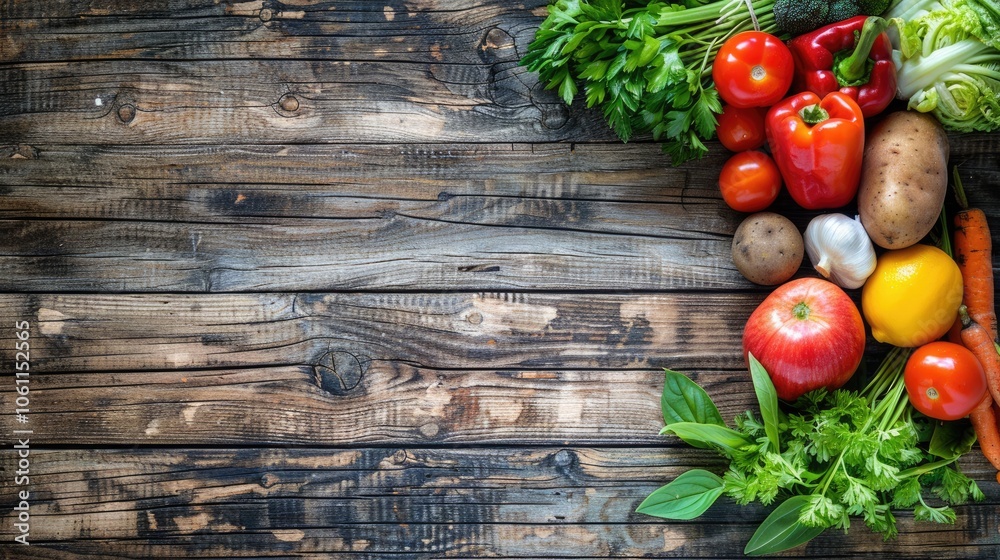 Diet and Healthy Food Concept with Fresh Produce on Wooden Background Diet and Healthy Food Concept with Fresh Produce on Wooden Background