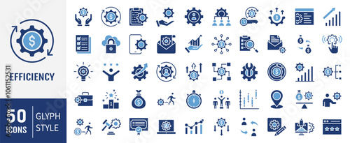 Efficiency icon collection. Containing optimization, effectiveness, productivity, lean processes, time management, cost icon. Simple flat vector.