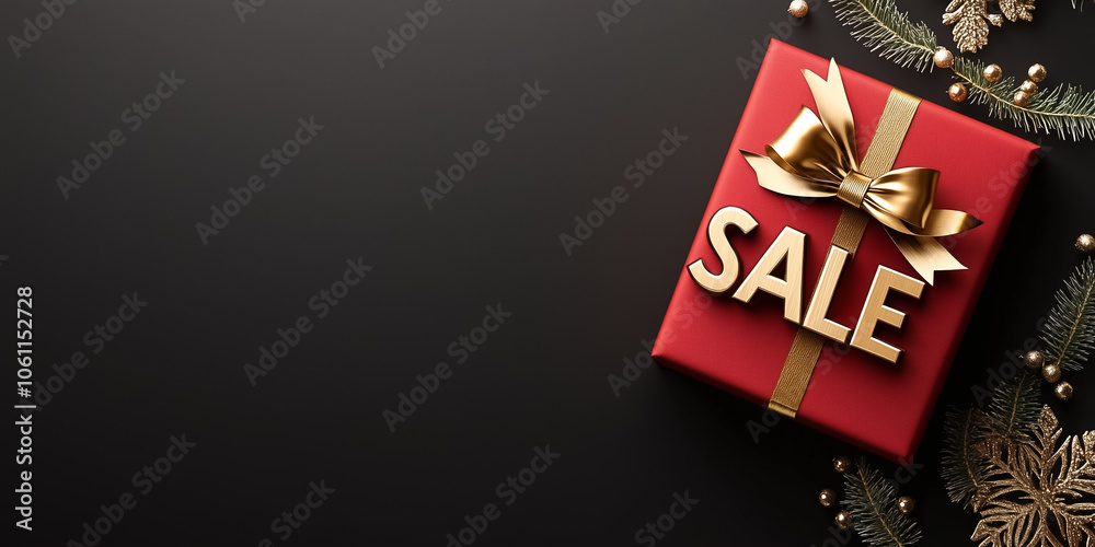 A beautifully wrapped red gift with a golden bow and a bold sale sign invites cheerful holiday shoppers A beautifully wrapped red gift with a golden bow and a bold sale sign invites cheerful holiday shoppers