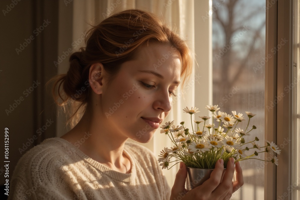 Serene Woman Enjoying Fresh Daisies in a Sunlit Room Serene Woman Enjoying Fresh Daisies in a Sunlit Room
