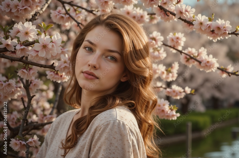 Portrait of a Young Woman Surrounded by Cherry Blossoms in Spring Portrait of a Young Woman Surrounded by Cherry Blossoms in Spring
