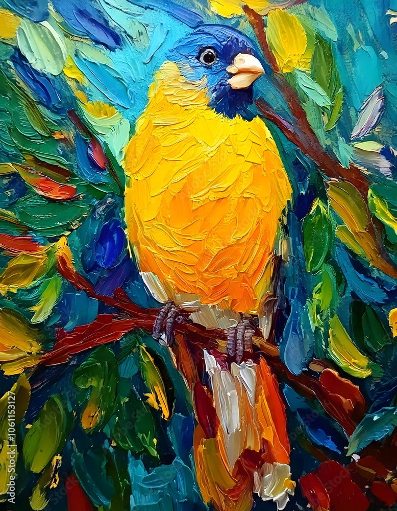 Obraz premium A cute yellow and blue bird on a tree branch. Bright clear oil strokes in impasto style poster and background