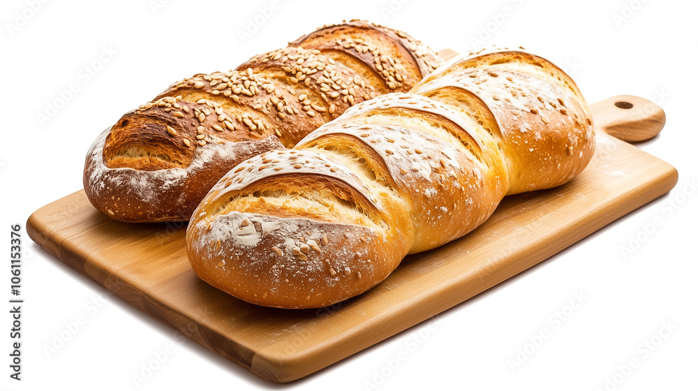 Two golden-brown bread loaves adorned with sesame seeds are freshly baked and placed on a wooden cutting board Two golden-brown bread loaves adorned with sesame seeds are freshly baked and placed on a wooden cutting board
