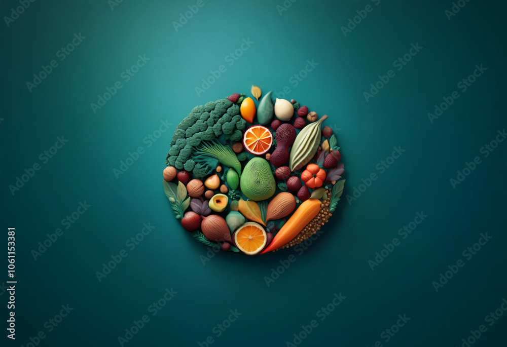 A variety of fruits and vegetables arranged in a circular pattern against a teal background. A variety of fruits and vegetables arranged in a circular pattern against a teal background.