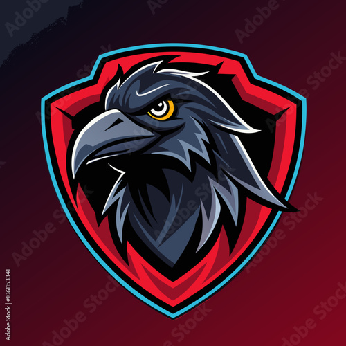 A sleek crow esports logo featuring a bold design with a dark raven on a vibrant shield in deep red and black colors