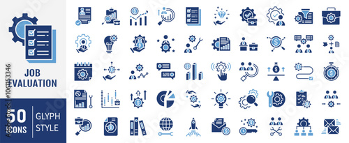 Job evaluation icon collection. Containing analysis, business, systematic, value, organization, gathering information icon. Simple flat vector illustration.