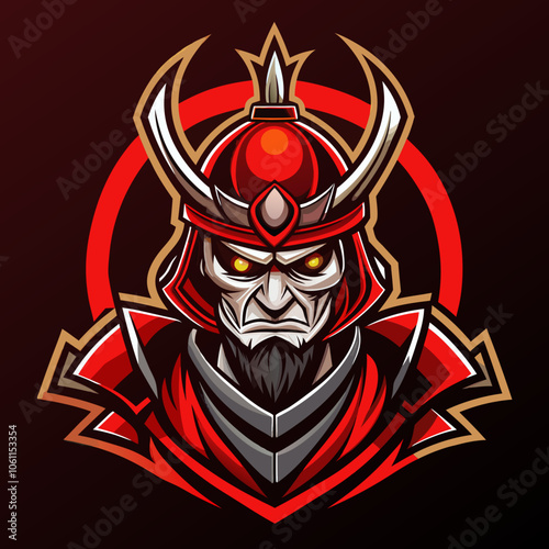 An intense samurai esports logo featuring a fierce warrior in red armor with bold horns and a determined expression