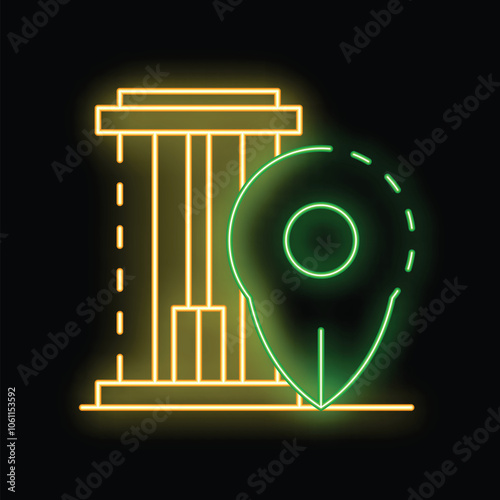 Neon green map pin marking location of government building with classic facade, for city street map, travel guide, gps navigator app