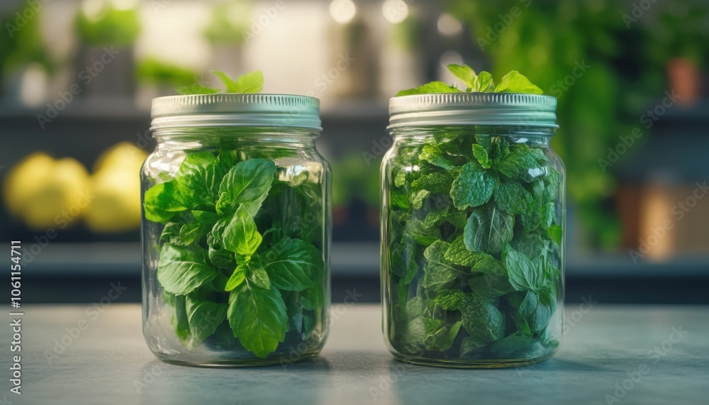 Fresh Mint and Basil in Jars A Symbol of Wellness and Freshness, Grow Your Own Herbs for a Healthier Lifestyle Fresh Mint and Basil in Jars A Symbol of Wellness and Freshness, Grow Your Own Herbs for a Healthier Lifestyle