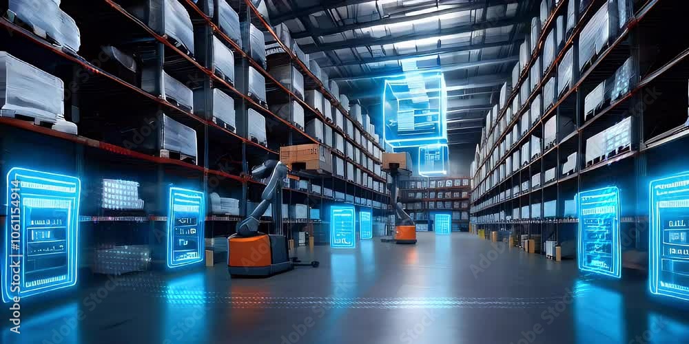 A futuristic warehouse with automated forklifts using augmented reality.
