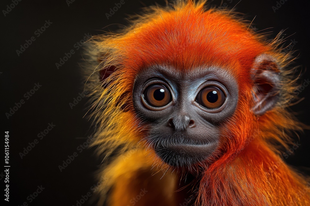 Obraz premium Mystic portrait of baby Spider Monkey primate in studio, copy space on right side, Headshot, Close-up View, isolated on black background