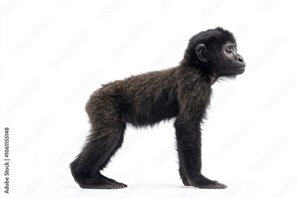 the beside view baby Howler Monkey primate standing, left side view, low angle, white copy space on right, Isolated on White Background the beside view baby Howler Monkey primate standing, left side view, low angle, white copy space on right, Isolated on White Background