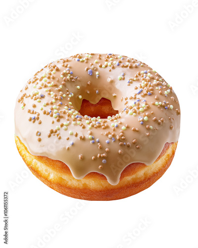 Donut with light brown frosting and sprinkles isolated