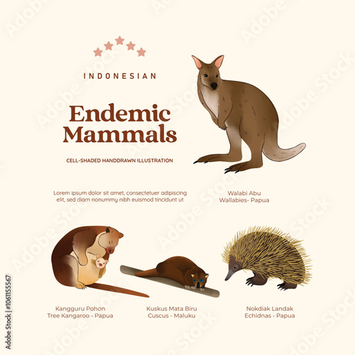 Isolated Indonesian endemic mammals illustration cell shaded style