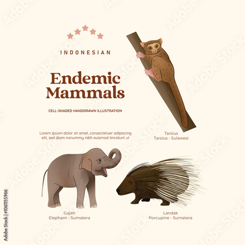 Isolated Indonesian endemic mammals illustration cell shaded style photo