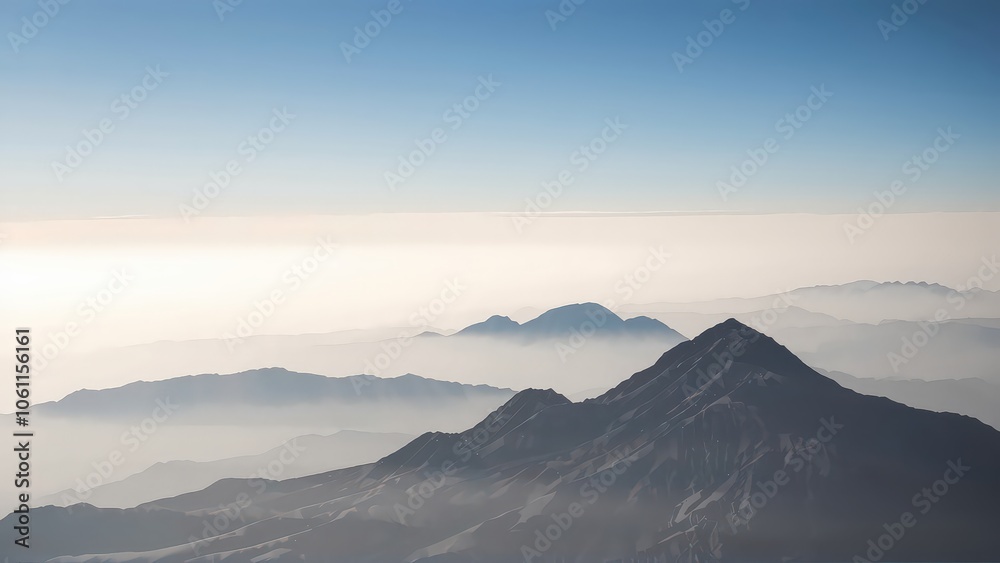 Generative AI, Minimalist Aerial View of Serene Mountain Ranges with Soft Cloud Layers Generative AI, Minimalist Aerial View of Serene Mountain Ranges with Soft Cloud Layers