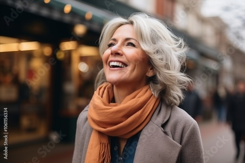 Portrait of a happy mature woman walking in the city street.