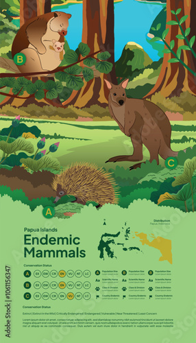 Colorful book page idea with Papua Indonesian mammals flat illustration
