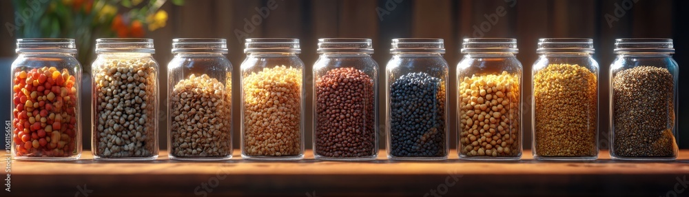 Healthy Grains and Legumes in Glass Jars for a Nutrient-Dense Diet A Visual Guide to Whole Food Nutrition Healthy Grains and Legumes in Glass Jars for a Nutrient-Dense Diet A Visual Guide to Whole Food Nutrition