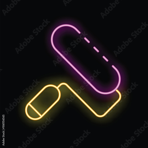 Neon paint roller glowing on black background, concept of home repair and renovation