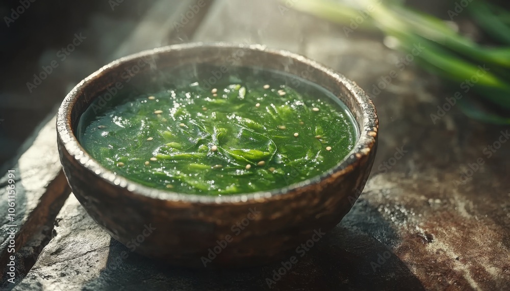 Healthy Vegan Detox Soup Recipe Rustic Ceramic Bowl with Green Vegetables and Seeds for a Light and Refreshing Lunch, Easy to Make and Delicious