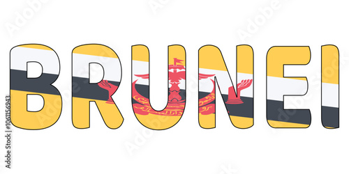 The word BRUNEI is displayed in large, bold letters. The letters are outlined in black and filled with the colors of the Bruneian flag: yellow, white, black, and red.