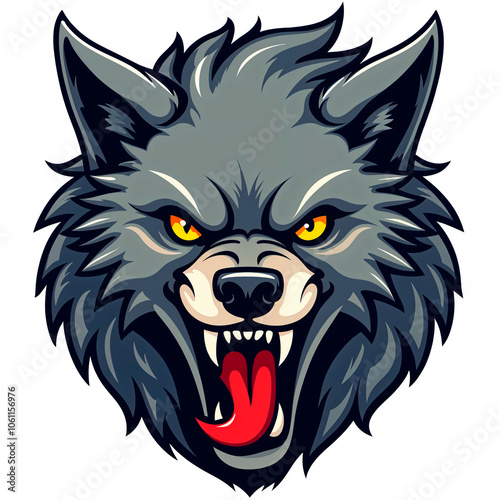 Fierce Stylized Wolf Head: Aggressive Vector Illustration with Predatory Eyes and Snarling Teeth