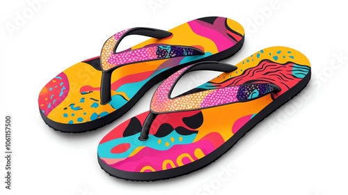 a 2D cartoon illustration of a pair of flip-flops with colorful patterns, fun and casual, white background--ar 16:9 photo