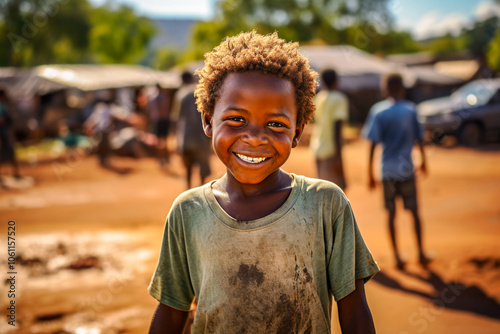 Portrait of black African boy smiling in refugee camp background. Concept of migration crisis, highlighting resilience and hope amid challenges of displacement, humanitarian needs and crisis response photo