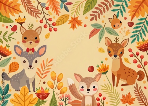 Adorable Woodland Animals Surrounded by Autumn Leaves on Beige Background - Nature's Charm in Fall - Perfect for Seasonal Decor and Children's Illustrations