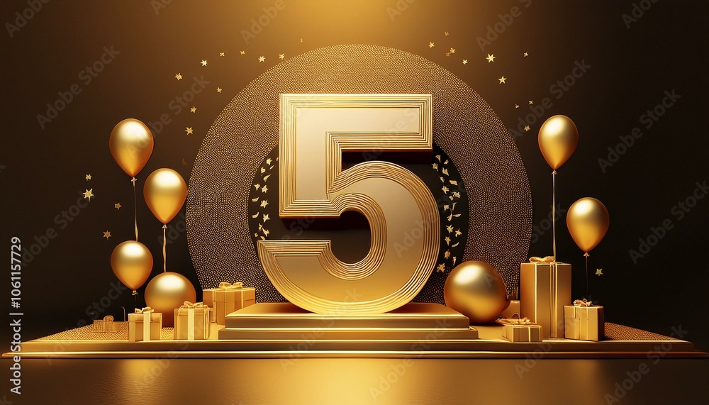 Fototapeta premium Happy 5 year birthday gold greeting background