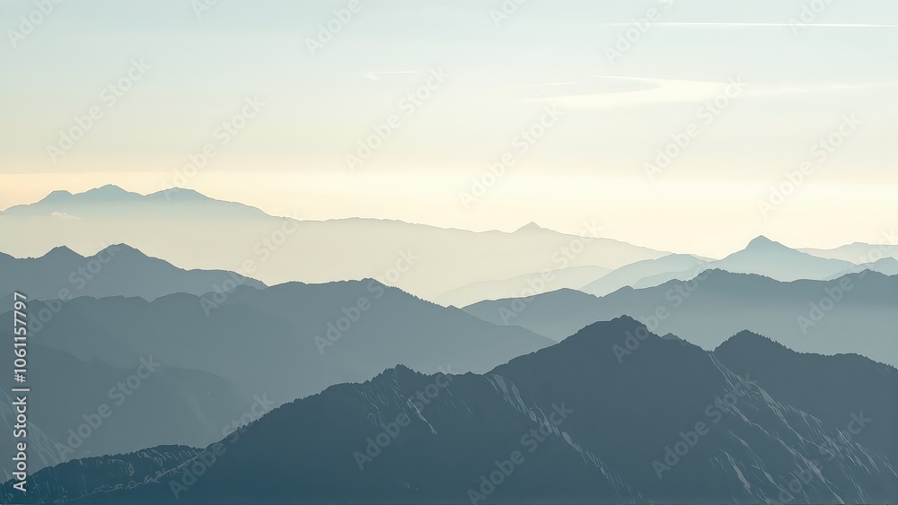 Generative AI, Minimalist Aerial View of Serene Mountain Ranges with Soft Cloud Layers Generative AI, Minimalist Aerial View of Serene Mountain Ranges with Soft Cloud Layers