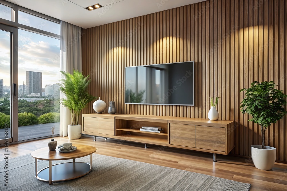 Aerial View of a Modern TV Console Mockup with Wooden Facade in a Minimalist Empty Room, Perfect for Interior Design Inspiration and Home Decor Ideas Aerial View of a Modern TV Console Mockup with Wooden Facade in a Minimalist Empty Room, Perfect for Interior Design Inspiration and Home Decor Ideas