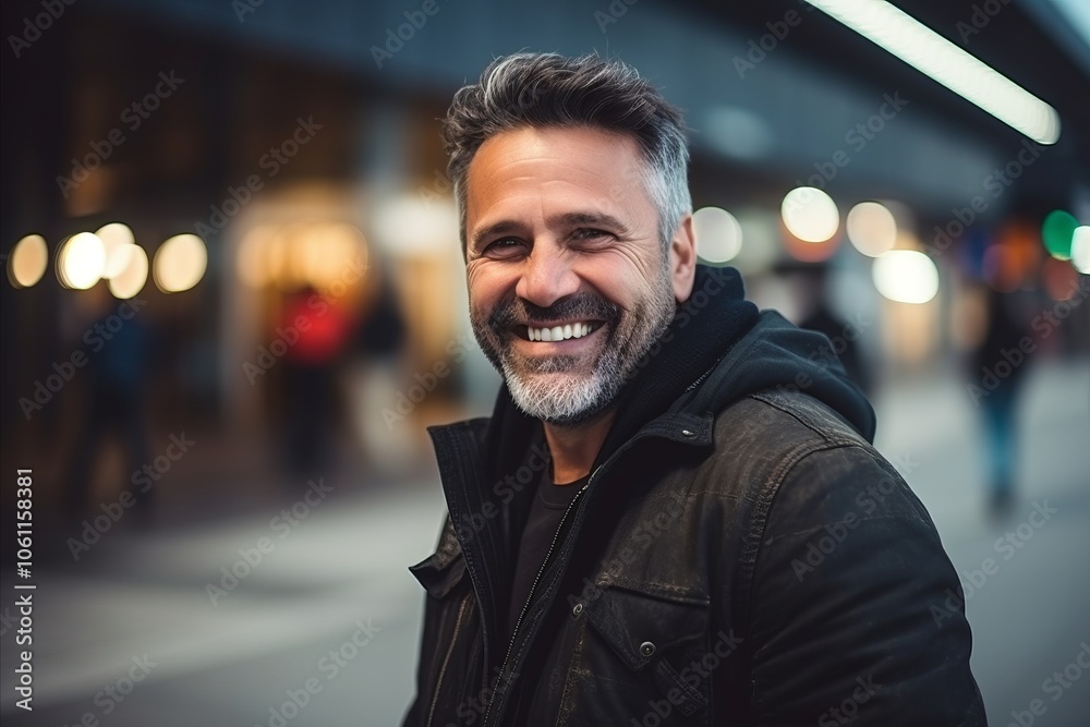 Portrait of a smiling middle-aged man in the city at night Portrait of a smiling middle-aged man in the city at night