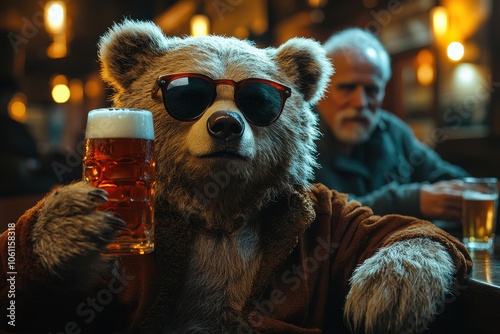 Bear Wearing Sunglasses Drinking Beer with an Old Man in the Background

