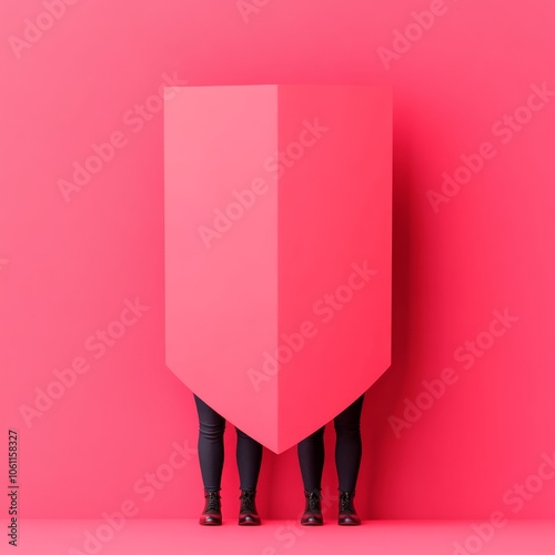 Two people standing behind a large, red shield-shaped object. photo