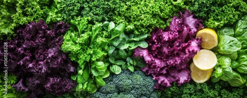 Vibrant Green Detox Soup with Lemon Top-Down View of Fresh Ingredients, Including Kale, Lettuce, Broccoli, and Basil for a Healthy and Refreshing Meal